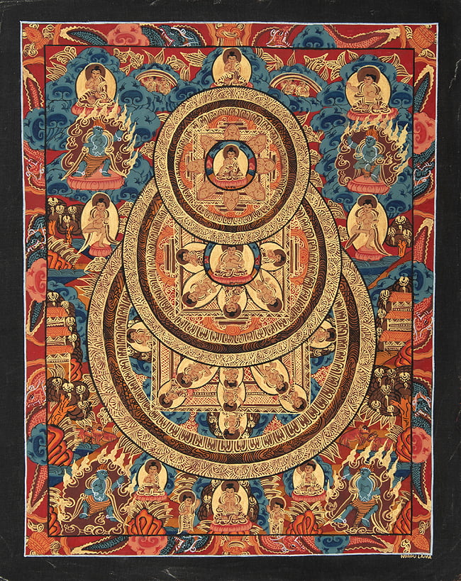 〔一点物〕タンカ - 3ブッダ マンダラ[38cm x 30cm]の写真1枚目です。全体図ですタンカ,マンダラ,曼荼羅,手描きのタンカ
