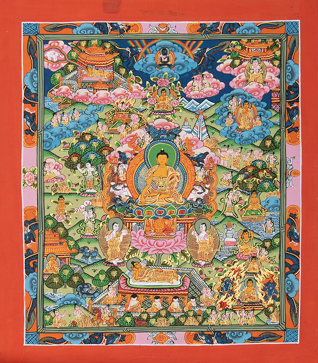 〔一点物〕タンカ - 薬師瑠璃光王仏マンダラ[38cm x 33cm]の写真1枚目です。全体図です薬師,タンカ,マンダラ,曼荼羅,手描きのタンカ