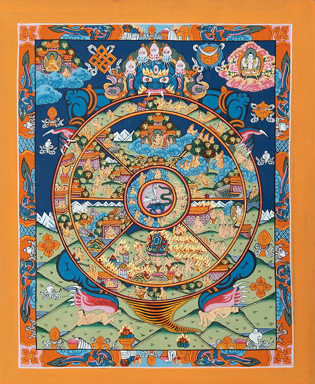 〔一点物〕タンカ - 六道輪廻マンダラ[40cm x 33cm]の写真1枚目です。全体図です六道輪廻,タンカ,マンダラ,曼荼羅,手描きのタンカ
