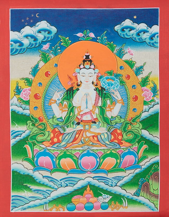 一点物〕タンカ - 六字咒観音菩薩像[42cm x 33.5cm] の通販[送料無料