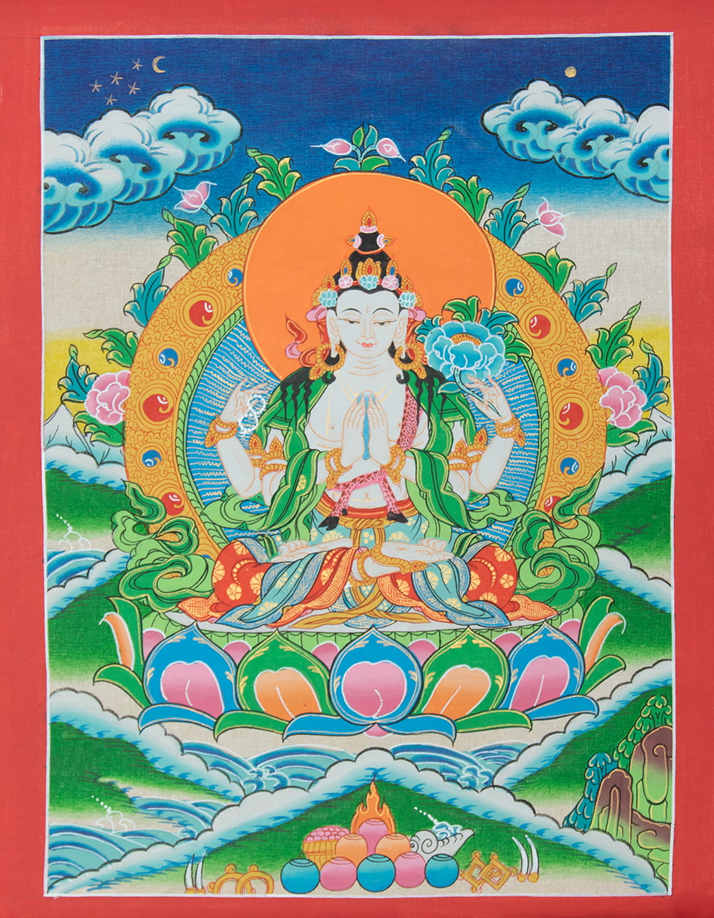 一点物〕タンカ - 六字咒観音菩薩像[42cm x 33.5cm] の通販[送料