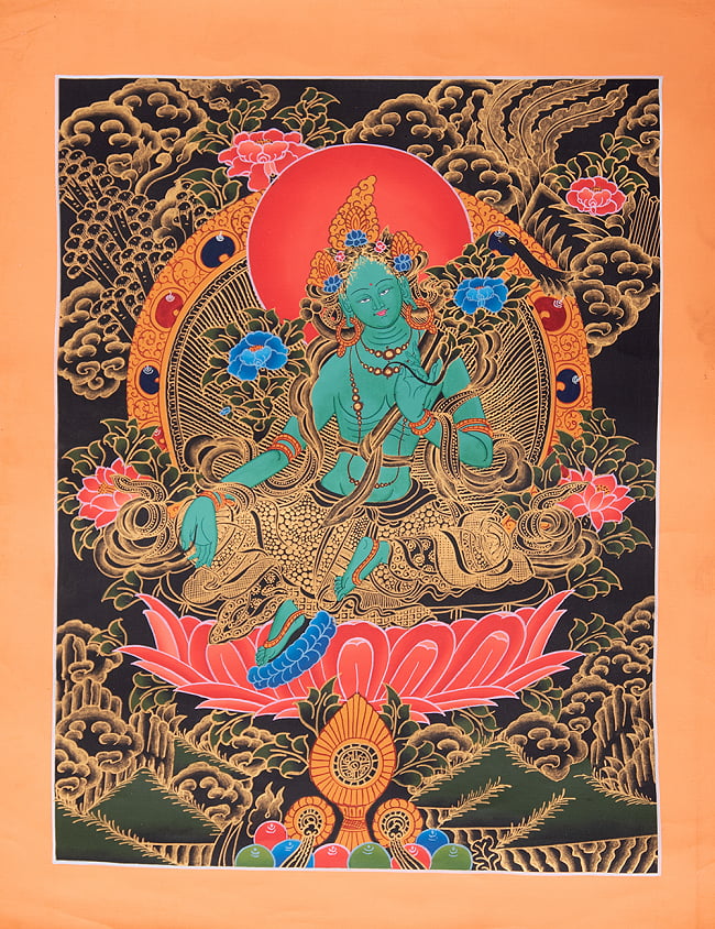 〔一点物〕タンカ - グリーンターラー[49cm x 40cm]の写真グリーンターラー,タンカ,マンダラ,曼荼羅,手描きのタンカ