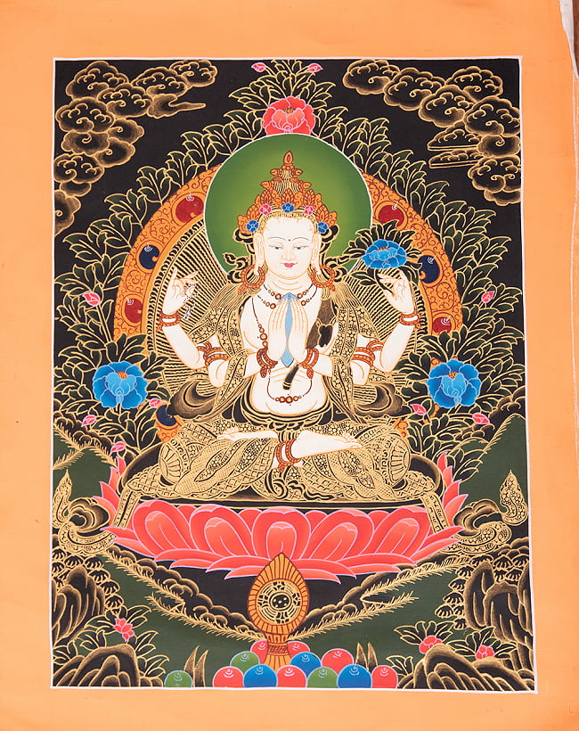 〔一点物〕タンカ - 六字咒観音菩薩像[50cm x 40cm]の写真1枚目です。全体図です六字咒観音菩薩,タンカ,マンダラ,曼荼羅,手描きのタンカ