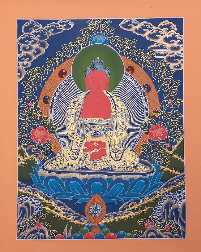 〔一点物〕タンカ - 阿弥陀如来 ブッダ・アミターバ[49cm x 39cm]の写真1枚目です。全体図です阿弥陀如来,アミターバ,タンカ,マンダラ,曼荼羅,手描きのタンカ