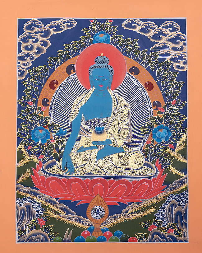 〔一点物〕タンカ - 宝生如来 ラトゥナ・サムバヴァ[38cm x 38cm]の写真宝生如来,タンカ,マンダラ,曼荼羅,手描きのタンカ