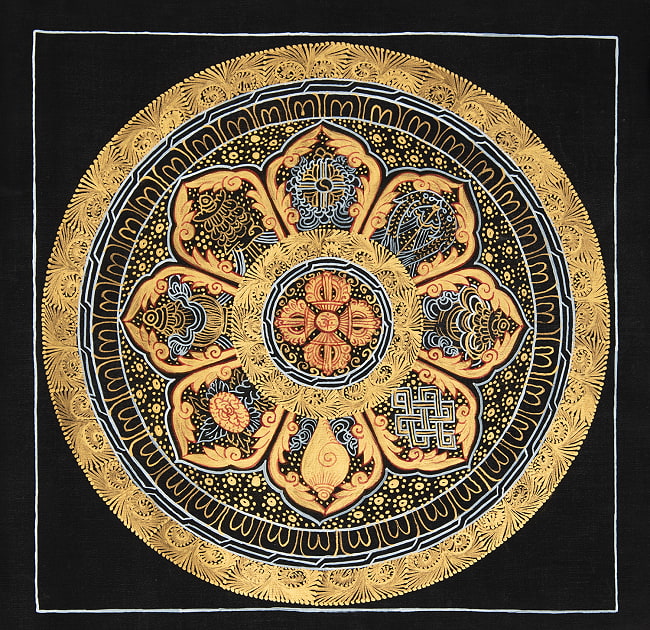 〔一点物〕タンカ - 八吉祥曼荼羅　アシュタマンガラ Ashtamangala[26cm x 26cm]の写真仏画,Thanka,タンカ,マンダラ,曼荼羅,手描きのタンカ,手描,チベット仏教