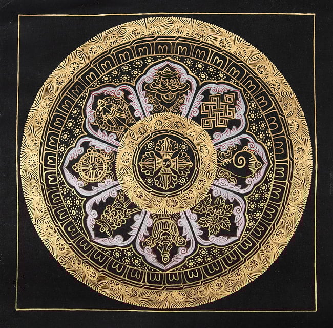 〔一点物〕タンカ - 八吉祥曼荼羅　アシュタマンガラ Ashtamangala[26cm x 26cm]の写真仏画,Thanka,タンカ,マンダラ,曼荼羅,手描きのタンカ,手描,チベット仏教
