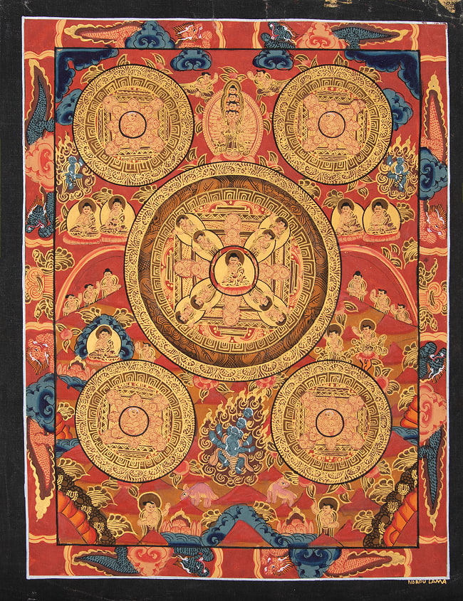 〔一点物〕タンカ - 五仏曼荼羅[36cm x 30cm]の写真仏画,Thanka,タンカ,マンダラ,曼荼羅,手描きのタンカ,手描,チベット仏教