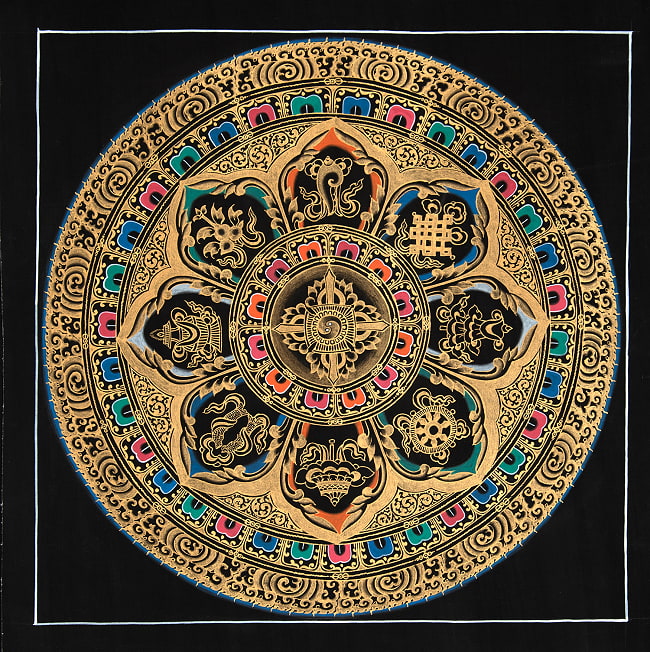 〔一点物〕タンカ - 八吉祥曼荼羅　アシュタマンガラ Ashtamangala[35cm x 35cm]の写真仏画,Thanka,タンカ,マンダラ,曼荼羅,手描きのタンカ,手描,チベット仏教