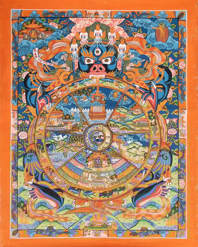 〔一点物〕タンカ -  Wheel of existance 六道輪廻図 [44x56cm]の写真タンカ,仏画,マンダラ,チベット,曼荼羅,手描き