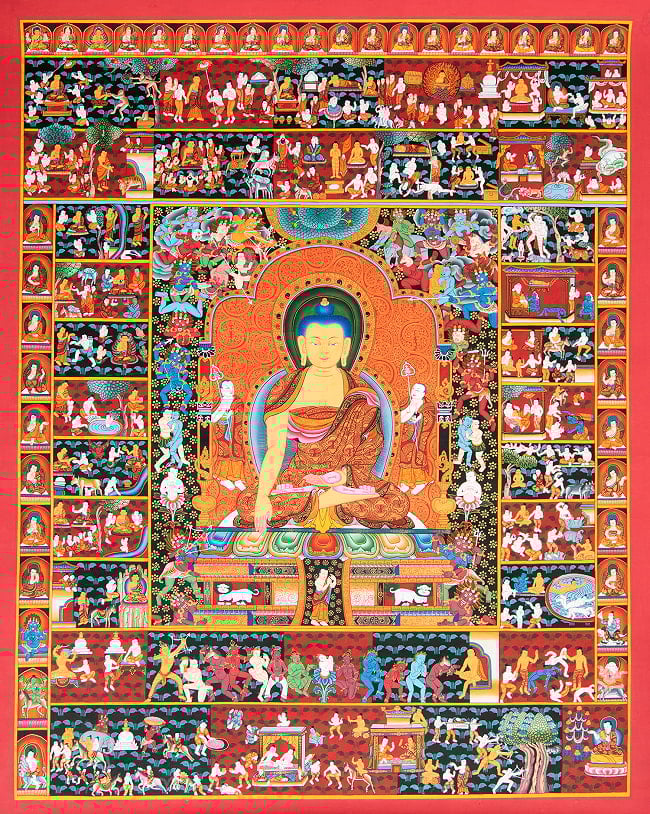 〔一点物・美術館収蔵品級〕タンカ - 釈迦成道図[73x90cm]の写真タンカ,仏画,マンダラ,チベット,曼荼羅,手描き