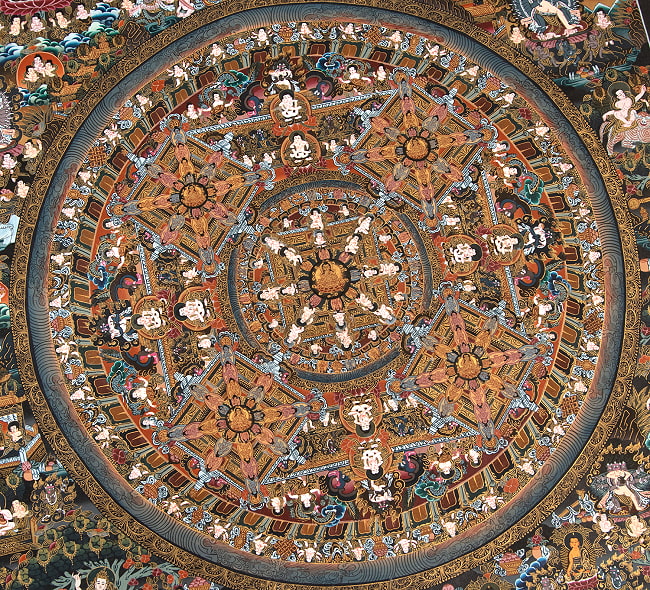 〔Raj Lama作 一点物・美術館収蔵品級〕タンカ - 大円蓮華界曼荼羅[68x93cm] 5 - アップにして撮影しました。非常によく描き込まれています