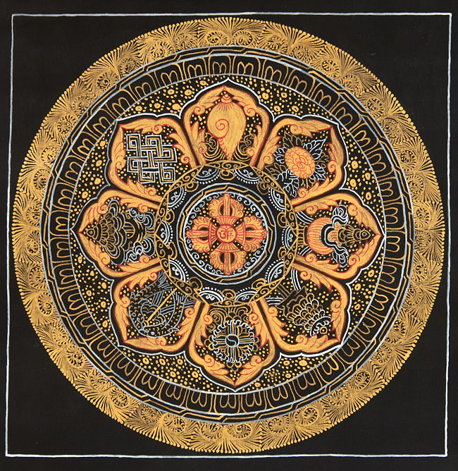 〔一点物〕タンカ -  八吉祥曼荼羅　アシュタマンガラ Ashtamangala[26cm x 26cm]の写真タンカ,仏画,マンダラ,チベット,曼荼羅,手描き,岩絵具,Thangka