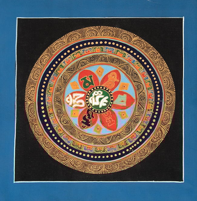 〔一点物〕タンカ - オム・マニ・ペメ・フム Om Mani Padme Hum ༀ་མ་ཎི་པདྨེ་ཧཱུྃ[26cm x 26cm]の写真観音菩薩,タンカ,仏画,マンダラ,チベット,曼荼羅,手描き