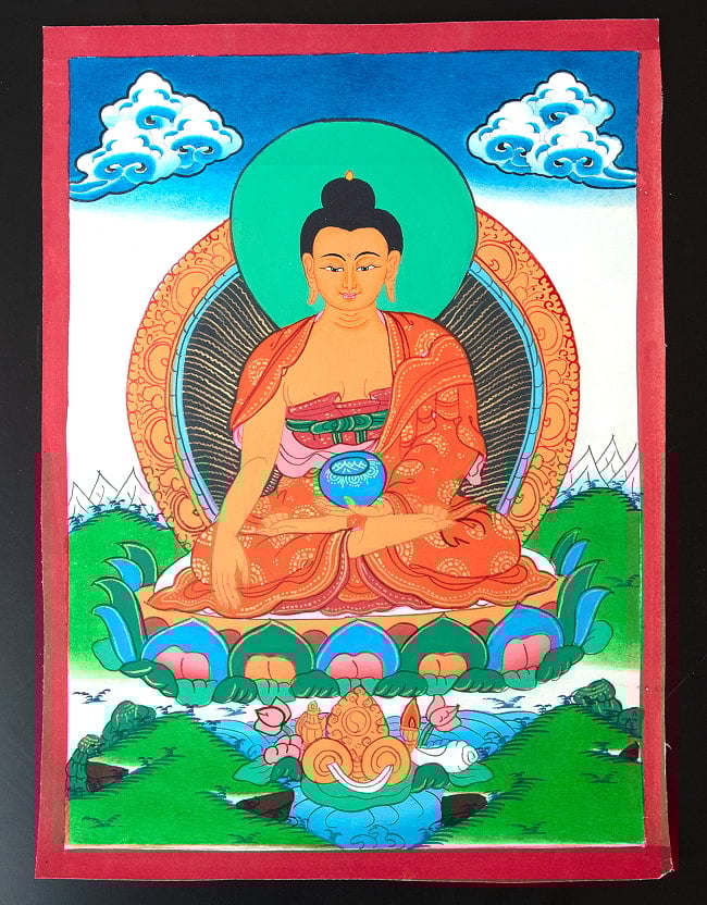 〔一点物〕タンカ - 釈迦如来（ゴータマ・ブッダ）[30cm x 40cm] 2 - 縁の部分の状態や、全体の雰囲気がわかるように撮影しました