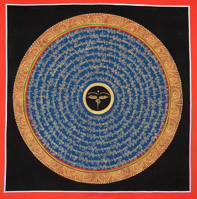 〔一点物〕タンカ - ブッダアイと種子マンダラ[34x34cm]の写真タンカ,仏画,マンダラ,チベット,曼荼羅,手描き,ネパール仏教,チベット密教,