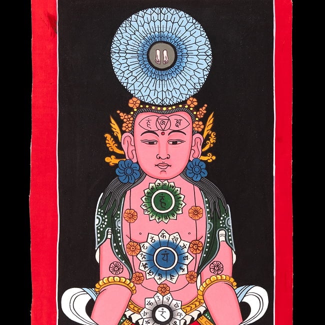 〔一点物〕タンカ - チャクラ人体曼荼羅・エネルギー体図[52cm x 20cm] 2 - 仏画のメイン部分をアップにしてみました