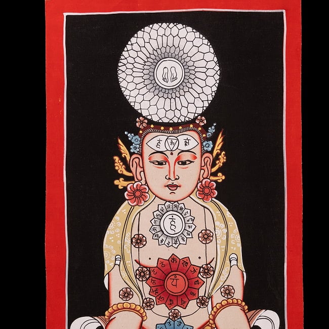〔一点物〕タンカ - チャクラ人体曼荼羅・エネルギー体図[52cm x 20cm] 2 - 仏画のメイン部分が分かるように撮影しました
