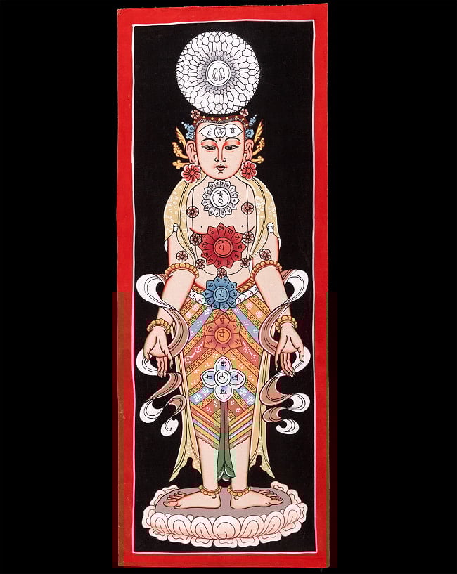〔一点物〕タンカ - チャクラ人体曼荼羅・エネルギー体図[52cm x 20cm]の写真チャクラ,人体曼荼羅,エネルギー体図,タンカ,仏画,マンダラ,チベット,曼荼羅,手描き,ネパール仏教,チベット密教