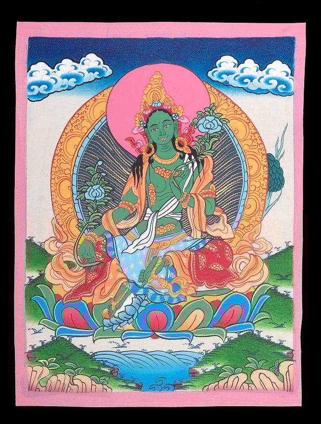 〔一点物〕タンカ - グリーンターラ[40cm x 30cm] 2 - 仏画の全体像が分かるように撮影しました