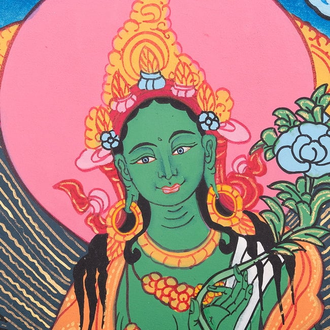 〔一点物〕タンカ - グリーンターラ[40cm x 30cm] 4 - 一部分をアップにしてみました