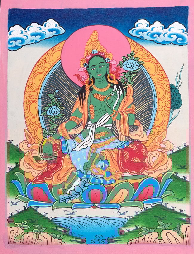 〔一点物〕タンカ - グリーンターラ[40cm x 30cm]の写真グリーンターラ,タンカ,仏画,マンダラ,チベット,曼荼羅,手描き,ネパール仏教,チベット密教