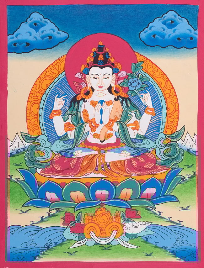 〔習作〕タンカ - 観音菩薩・チェンレジグ（Chenrezig）[40cm x 30cm]の写真習作,観音菩薩,チェンレジグ,Chenrezig,タンカ,仏画,マンダラ,チベット,曼荼羅,手描き,ネパール仏教,チベット密教