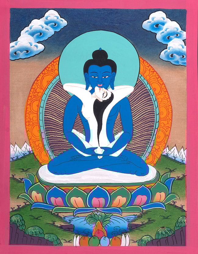 〔習作〕タンカ - 歓喜仏(ヤブユム像)[40cm x 30cm]の写真習作,歓喜仏,ヤブユム,タンカ,仏画,マンダラ,チベット,曼荼羅,手描き,ネパール仏教,チベット密教