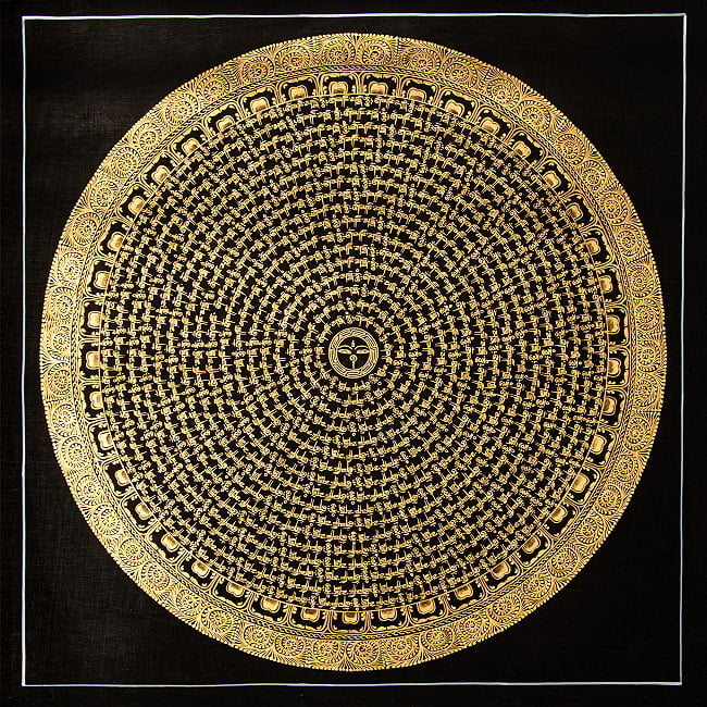〔一点物〕タンカ - ブッダアイの六字真言マントラ曼荼羅[54x54cm] オン・マニ・ペメ・フム 黒地金彩の写真タンカ,仏画,マンダラ,チベット,曼荼羅,手描き,ネパール仏教,チベット密教,