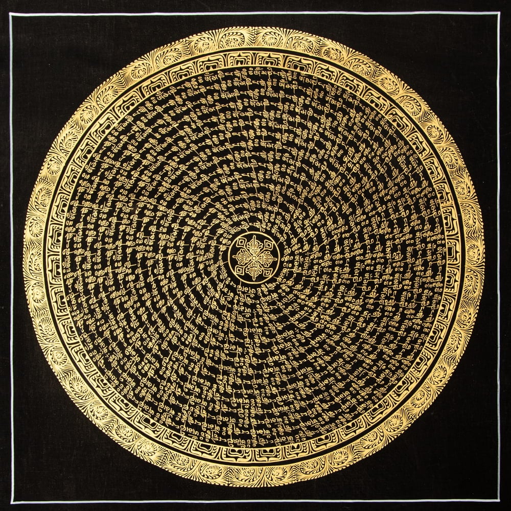 〔一点物〕タンカ - ヴァジュラの六字真言マントラ曼荼羅[54x54cm] オン・マニ・ペメ・フム 黒地金彩1枚目の説明写真です