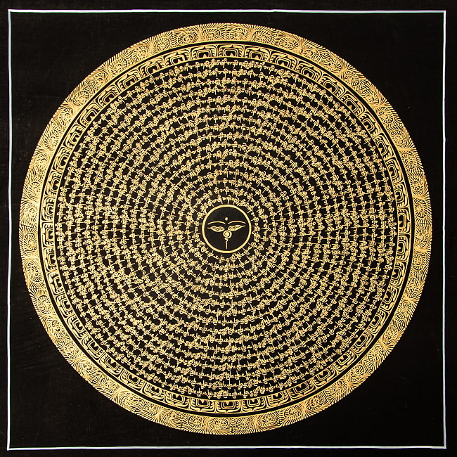 〔一点物〕タンカ - ブッダアイの六字真言マントラ曼荼羅[54x54cm] オン・マニ・ペメ・フム 黒地金彩の写真タンカ,仏画,マンダラ,チベット,曼荼羅,手描き,ネパール仏教,チベット密教,