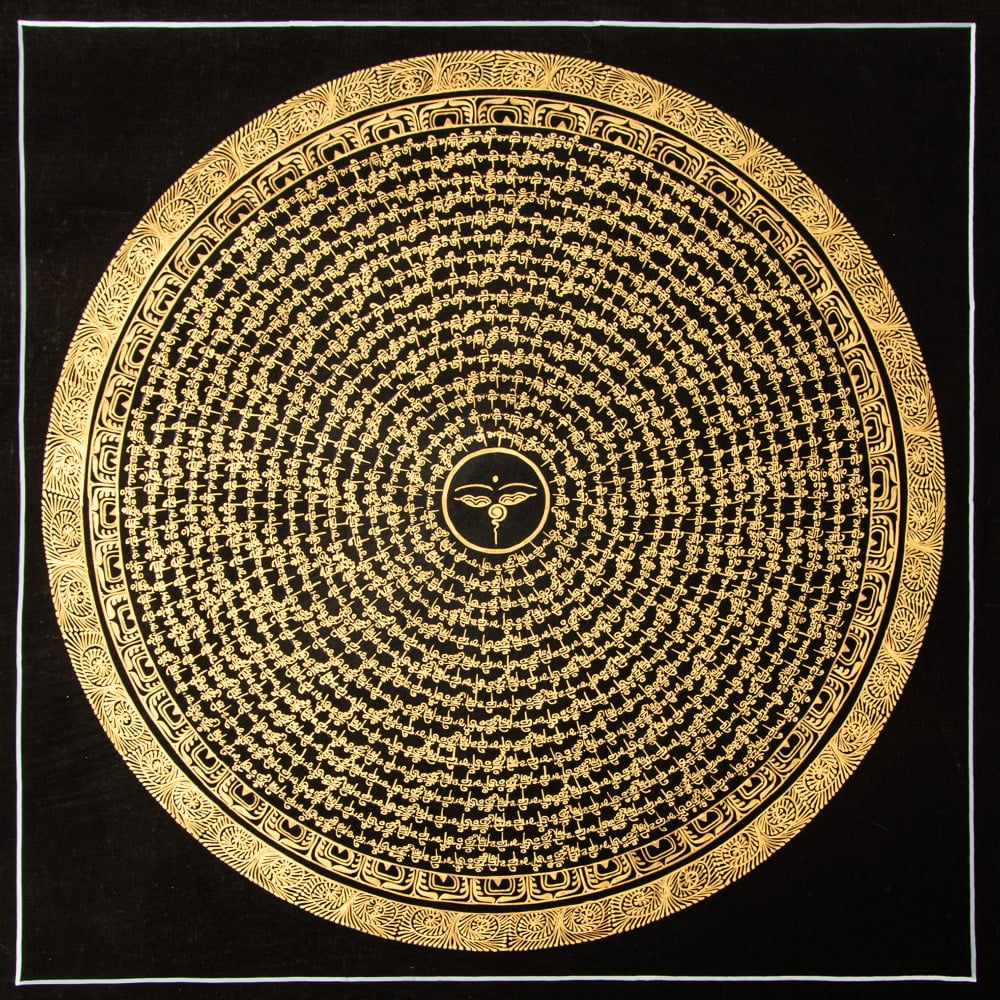 〔一点物〕タンカ - ブッダアイの六字真言マントラ曼荼羅[54x54cm] オン・マニ・ペメ・フム 黒地金彩1枚目の説明写真です