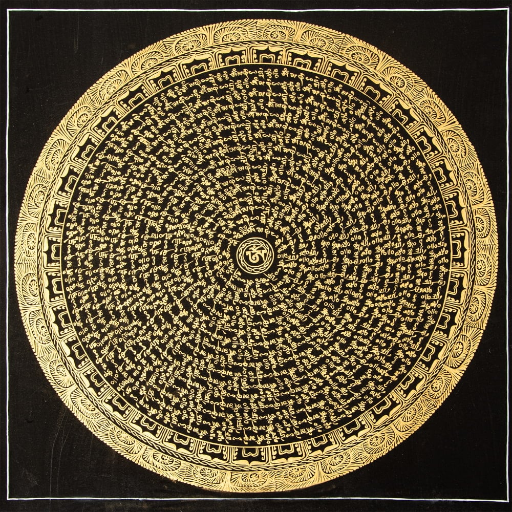 〔一点物〕タンカ - オーンの六字真言マントラ曼荼羅[54x54cm] オン・マニ・ペメ・フム 黒地金彩1枚目の説明写真です