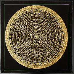 〔一点物〕タンカ - オーンの六字真言マントラ曼荼羅[54x54cm] オン・マニ・ペメ・フム 黒地金彩 - サブ2