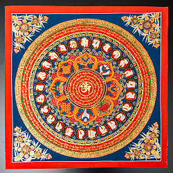 〔一点物〕タンカ - オーンと八吉祥 六字真言マントラ曼荼羅 54×54cm - サブ2