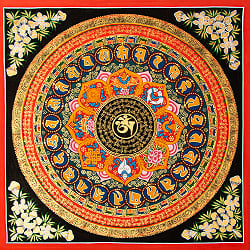 〔一点物〕タンカ - オーンと八吉祥 六字真言マントラ曼荼羅 54×54cm - メイン
