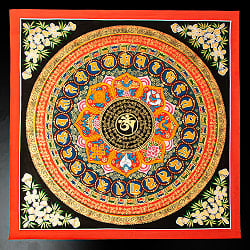 〔一点物〕タンカ - オーンと八吉祥 六字真言マントラ曼荼羅 54×54cm - サブ2