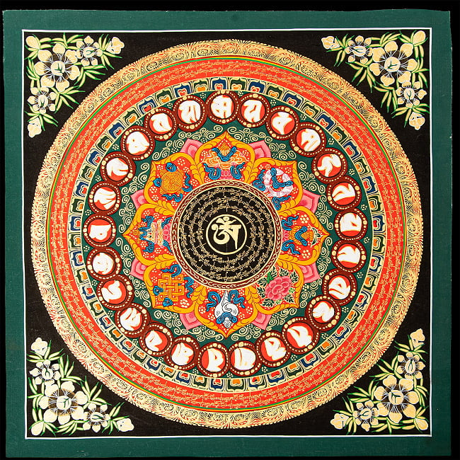 〔一点物〕タンカ - オーンと八吉祥 六字真言マントラ曼荼羅 54×54cm 2 - 仏画の全体像が分かるように撮影しました