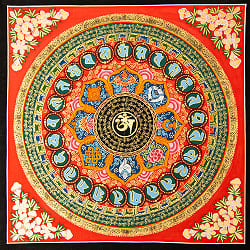 〔一点物〕タンカ - オーンと八吉祥 六字真言マントラ曼荼羅 54×54cm - メイン