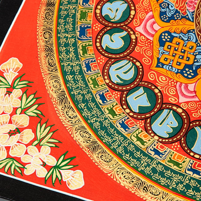 〔一点物〕タンカ - オーンと八吉祥 六字真言マントラ曼荼羅 54×54cm 5 - 荘厳な輝きがあります。