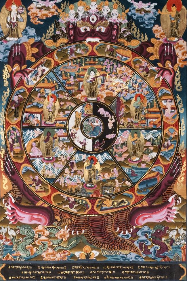 wheel of lifeマンダラ　六道輪廻図　ネパール製　肉筆　タンカ wheel of lifeマンダラ 六道輪廻図 ネパール製 肉筆 タンカ