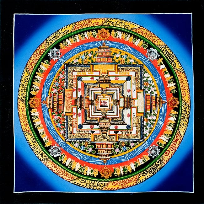 タンカ - カーラチャクラ(青)の写真1枚目です。全体図ですタンカ,マンダラ,曼荼羅,手描きのタンカ