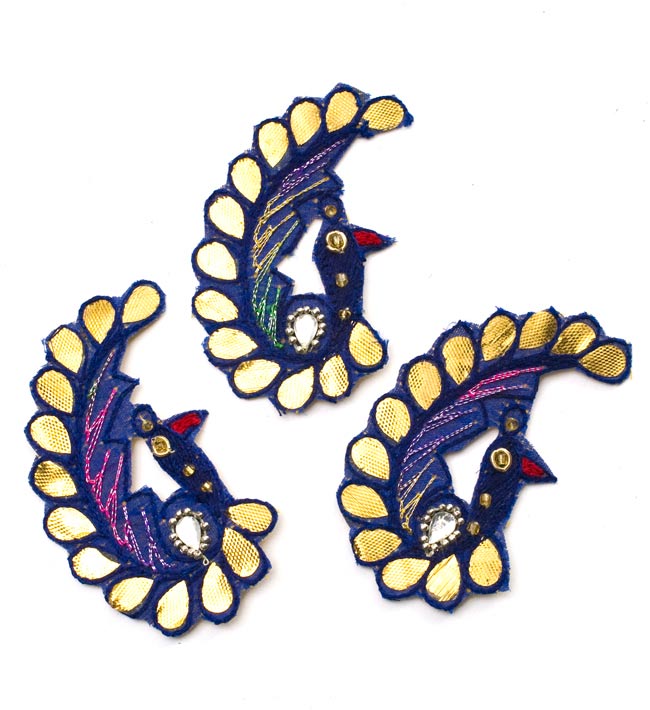 インドの刺繍アップリケ 孔雀 3個セット 【青】の写真