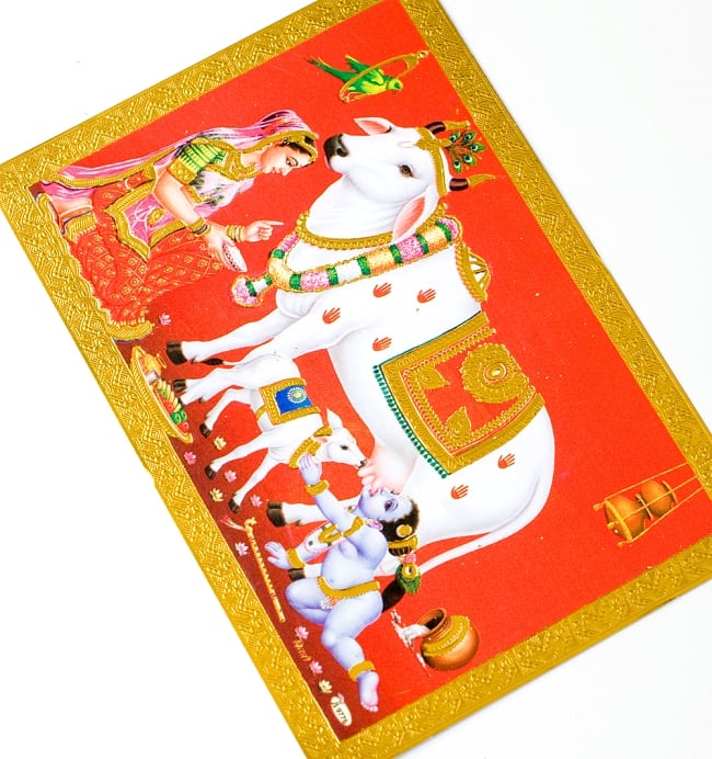 金の神様ポストカード-白い牛とベイビークリシュナの商品写真 3枚目 一部分を拡大・別アングルから撮影してみました
