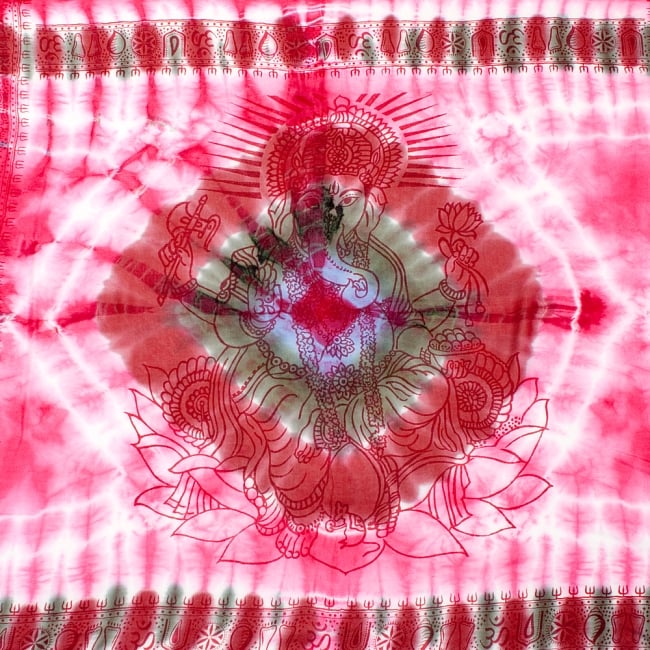 〔195cm*100cm〕ガネーシャ＆ヒンドゥー神様のタイダイサイケデリック布 - ピンク×紫×緑×小豆系の写真1枚目です。大聖地バラナシのラムナミにタイダイ染めを施した布です。サイケデリック 布,ガネーシャ 布,タイダイ 布,ラムナミ,ヒンドゥー,神様,ソファーカバー,ストール,ショール