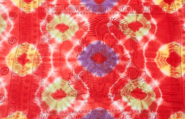 〔195cm*100cm〕ガネーシャ＆ヒンドゥー神様のタイダイサイケデリック布 - 赤×黄緑×紫×黄色系 8 - 【選択：A】の写真です。このように中心にガネーシャ柄が入っています。
