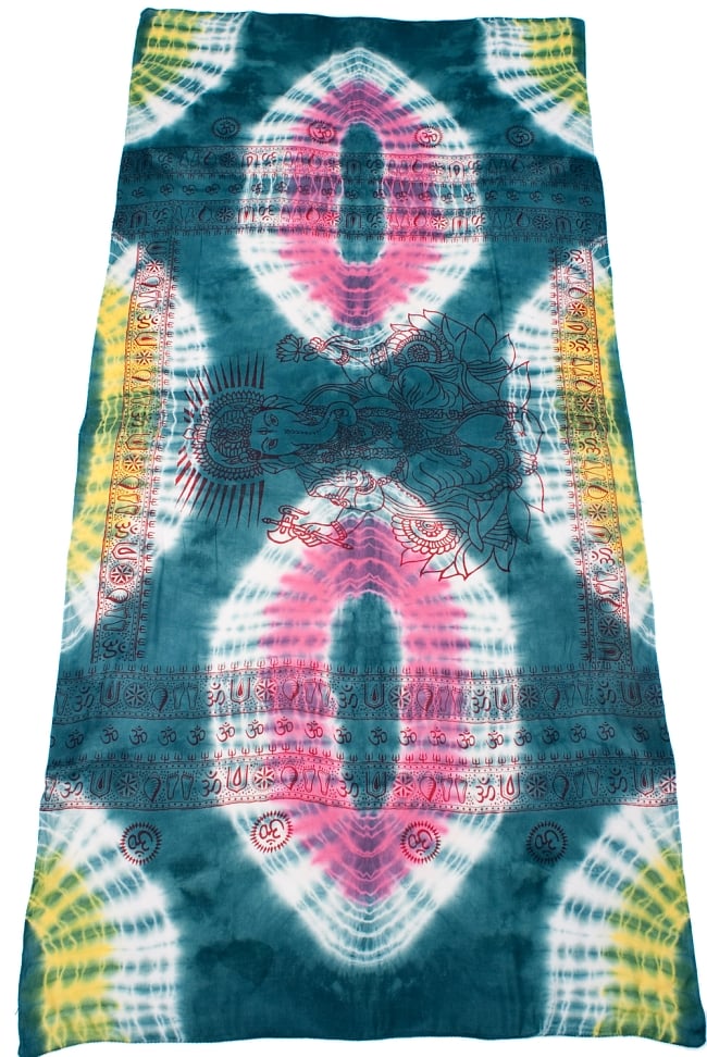 〔195cm*100cm〕ガネーシャ&ヒンドゥー神様のタイダイサイケデリック布 - 青緑×ピンク×黄色系 2 - 全体写真です。とても大きな布なのでソファーカバーなどのインテリアファブリックへ。