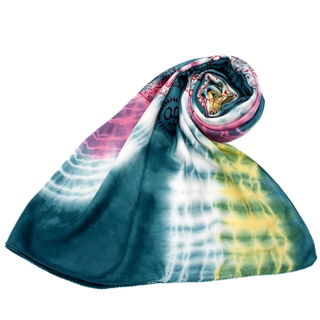 〔195cm*100cm〕ガネーシャ&ヒンドゥー神様のタイダイサイケデリック布 - 青緑×ピンク×黄色系 7 - ストールやショールへもオススメ