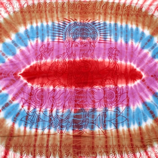 〔195cm*100cm〕ガネーシャ＆ヒンドゥー神様のタイダイサイケデリック布 - 赤×紫×青×緑系の写真