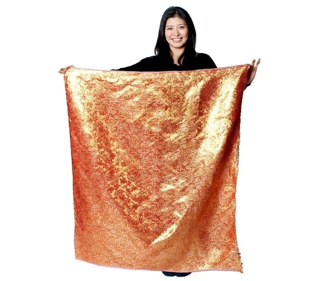 インドの伝統布 ボーダー柄のルンギー用布 〔幅97cm 1メートル切り売り〕レッド 7 - 同じインドからやってきた『〔1m切り売り〕インドの伝統柄ゴールドプリント光沢布〔幅約100cm〕』を、1mカットしてモデルさんに持ってもらった写真です。切り売りの布は基本的に横幅100cm前後と大きいので、ご覧の通り色々な用途に使えそうです。ご注文個数に応じた長さにカットしてお送りいたします。